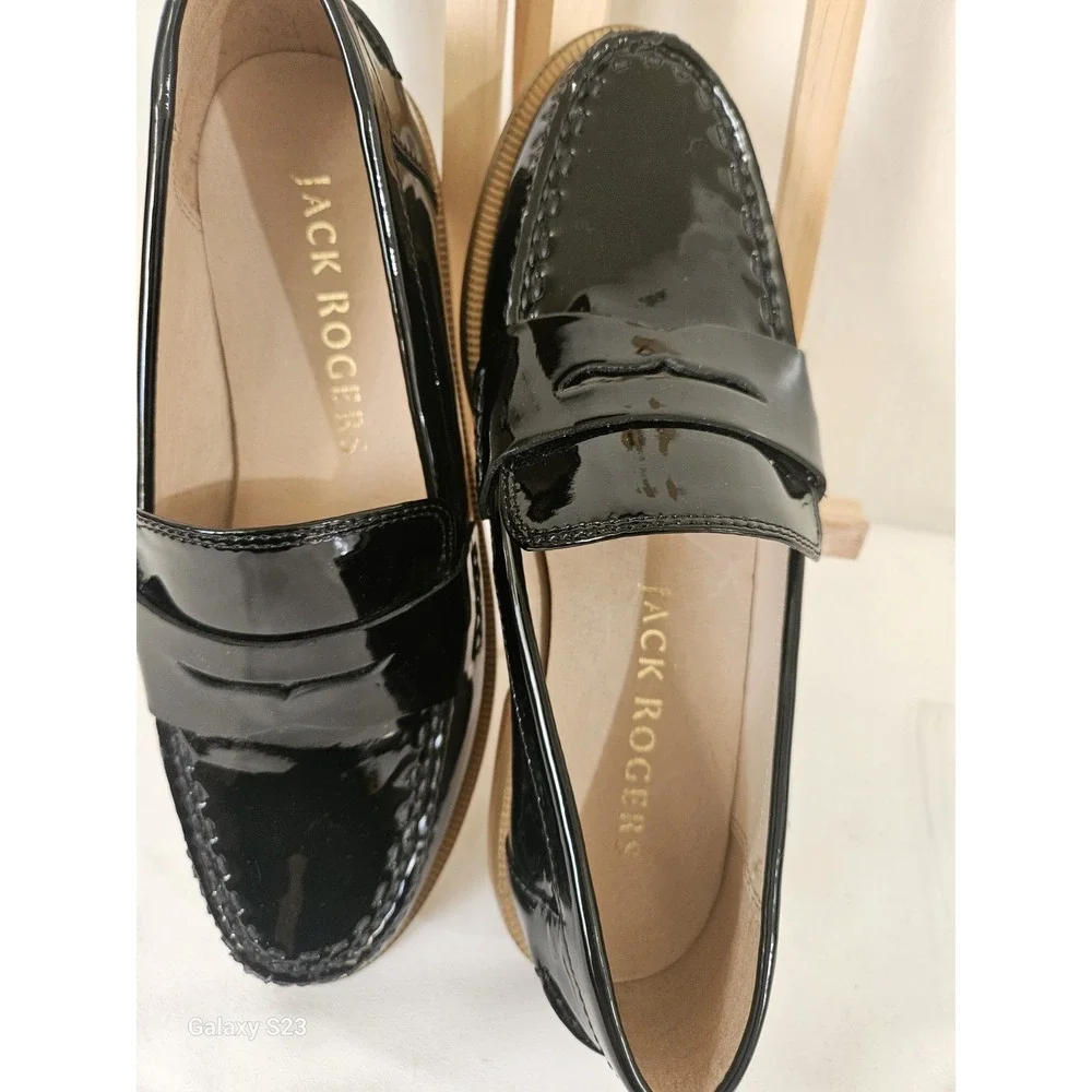 Jack Rogers Womens Black Patent Leather Penny Loafers Size 6B Glossy Flat Shoes